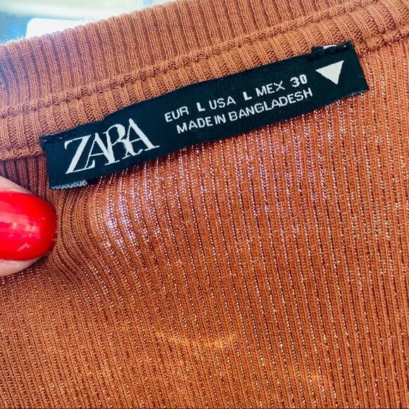 ZARA Ruched Short Ribbed Tee Shirt Side Tie Bodycon Mini Dress Rust Brown L - Picture 10 of 16